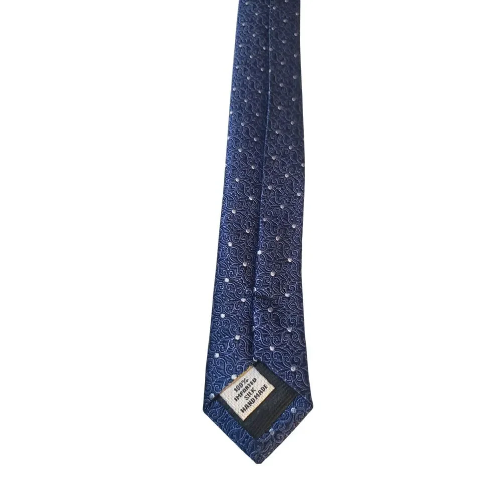 Sean John Mens‎ Tie Necktie Fine Tailoring Blue White Scroll Print Polka Dot
